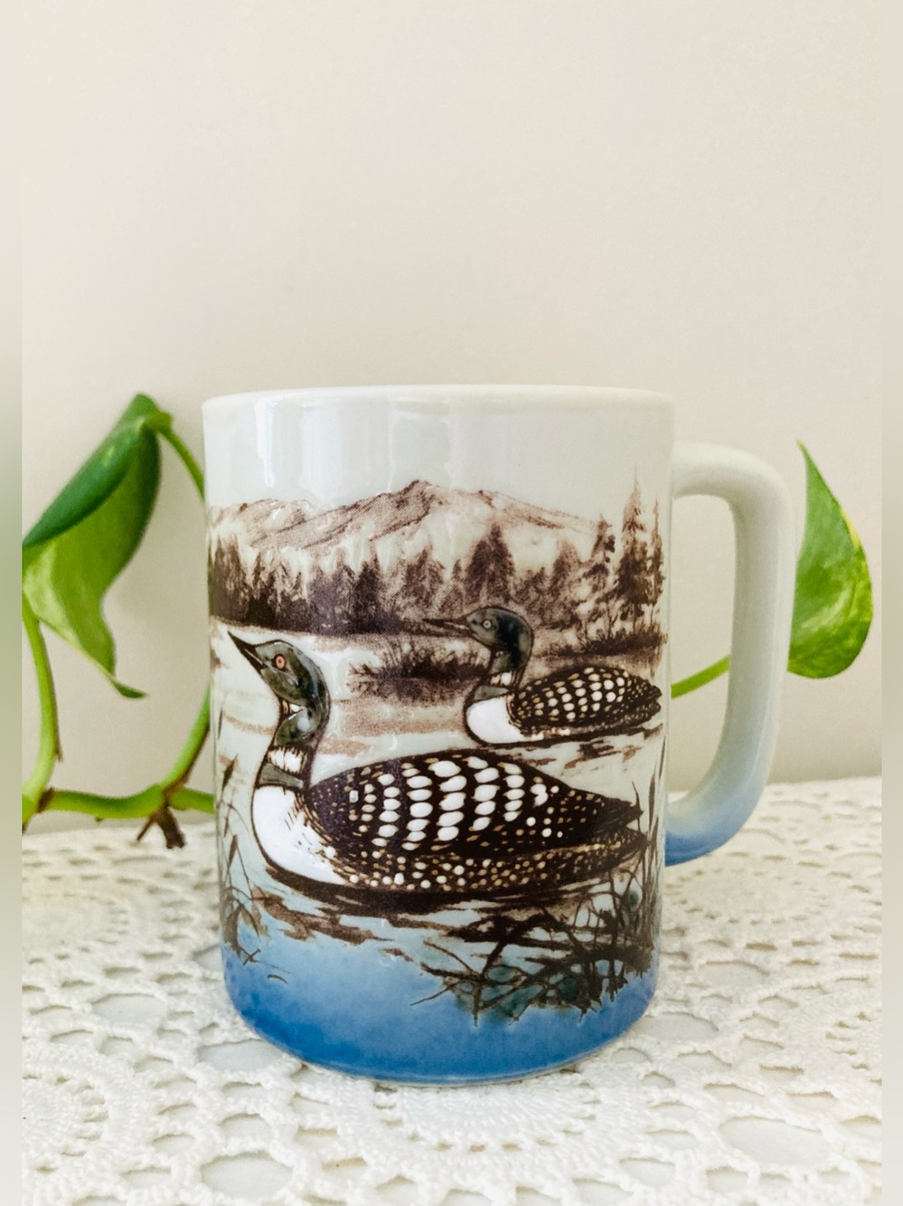 Vintage Otagiri Japan Embossed Loon Coffee Mug Hand Painted Common Loons Lake